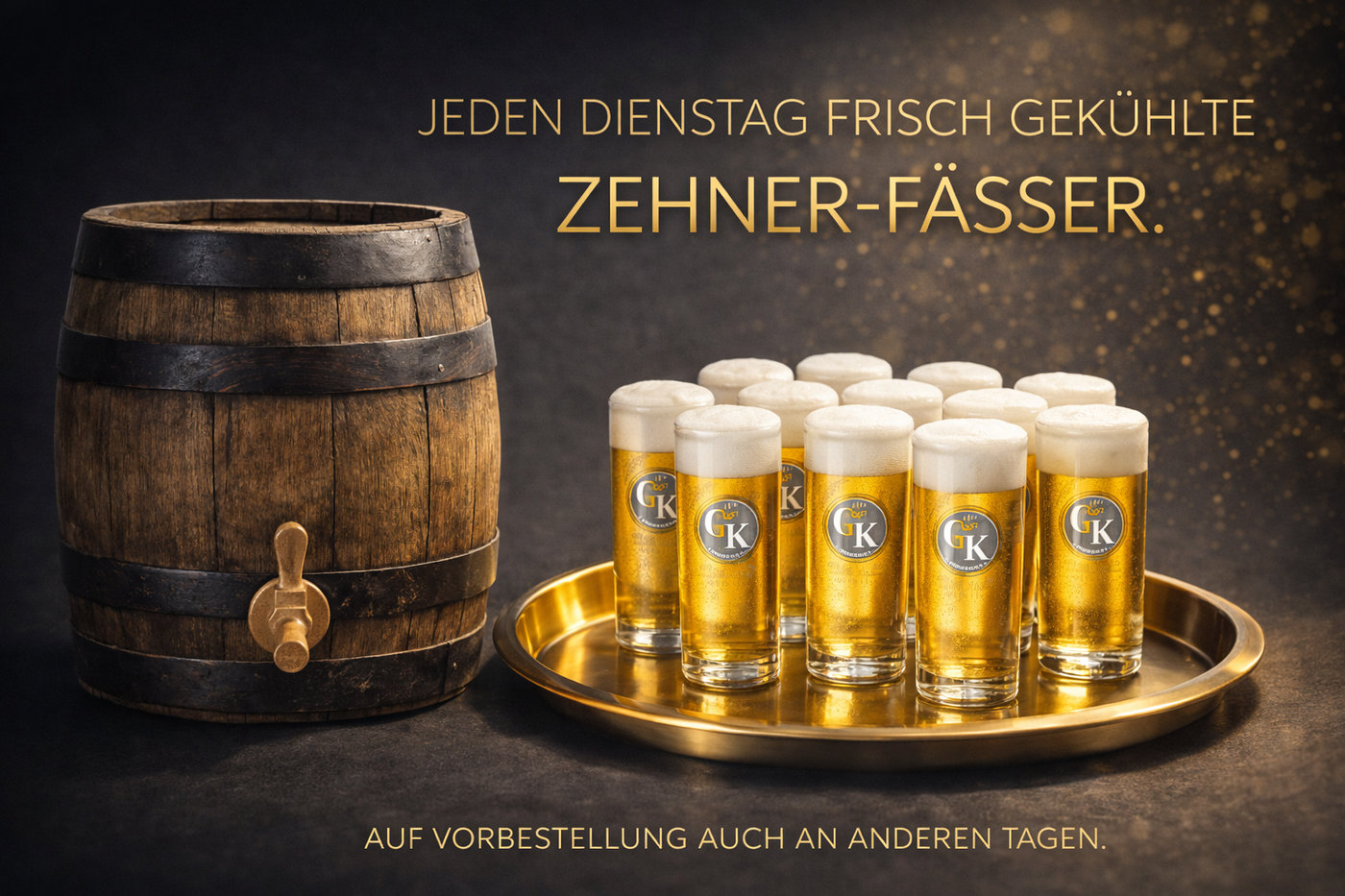 Kölschfass und Gläser mit GK-Logo – jeden Dienstag Zehner-Fässer
